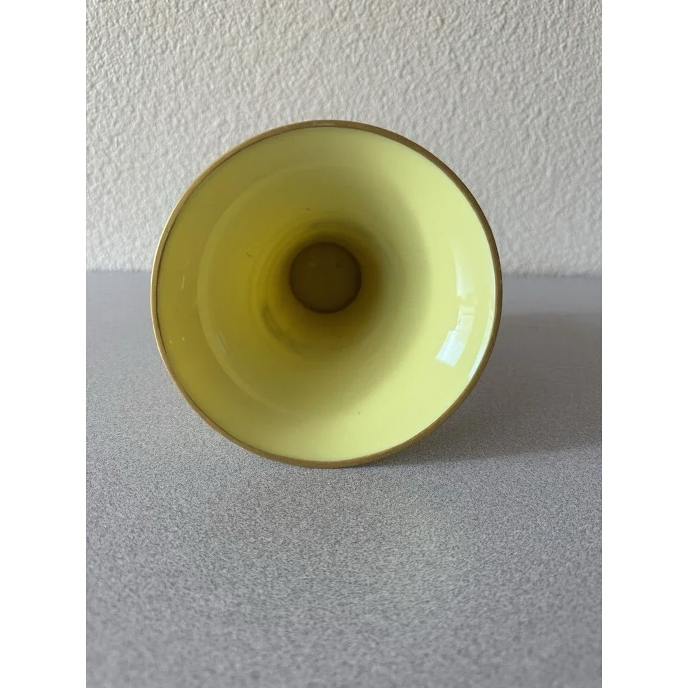 Vintage Art Deco Yellow Ceramic Vase Geometric Gold Black Trumpet 8” Unmarked